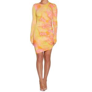 NWOT Naked Wardrobe Cinched Long Sleeve Bright Bodycon Sexy Mini Dress Small
